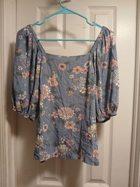 Candace Cameron Bure Blue Floral Square-Neck Puff Sleeve Topsz S